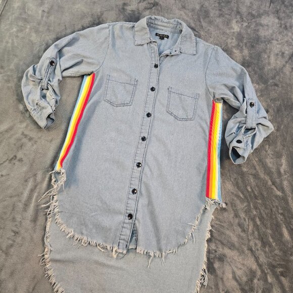 Kroix Shirt Womens Medium Blue Chambray Longline Distressed Rainbow Tunic - Picture 11 of 13